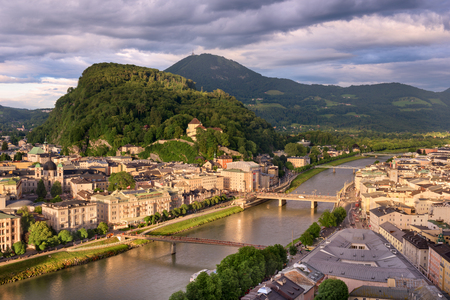 Aerial View of Salzburg in the Evening, Austriaの写真素材