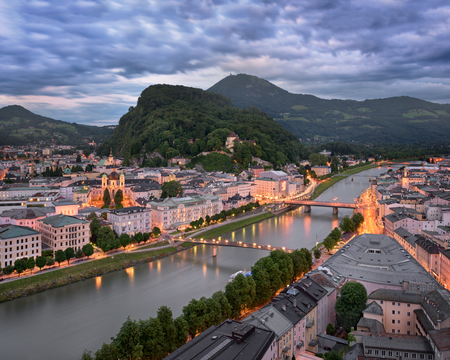 Aerial View of Salzburg in the Evening, Austriaの写真素材