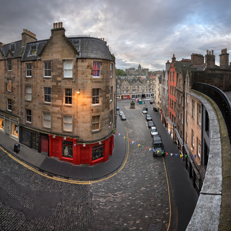 EDINBURGH, UNITED KINGDOM - SEPTEMBER 12, 2017: Victoria Street in the Morning, Edinburgh, Scotland. Victoria Street leads to the Grassmarket which is a historic market place and an event space in the Old Town.のeditorial素材