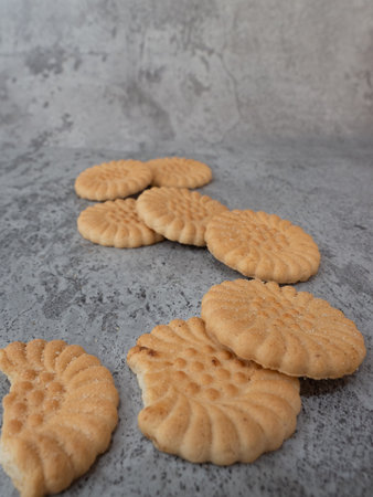 Homemade shortbread cookies on a gray background. Selective focus.の写真素材