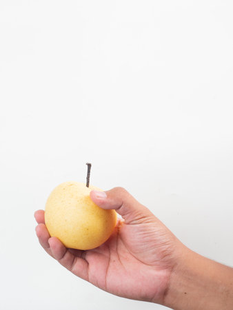 Hand holding a yellow pear on white background with copy space for textの写真素材