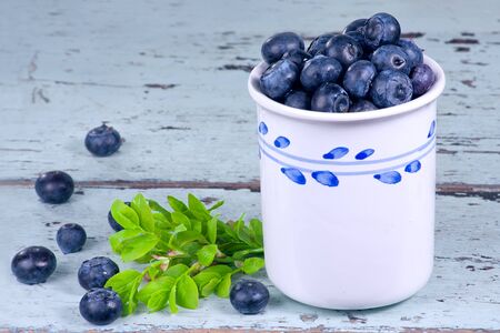 Blueberries in a white mug with green blueberry leavesの写真素材