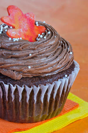 Chocolate cupcake with orange background and autumn leaf decorationの写真素材