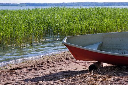 Rowing boat at sea shore with tall grassの写真素材