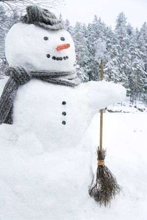 Snowman with scarf, hat and carrot nose outside in snowfallの写真素材