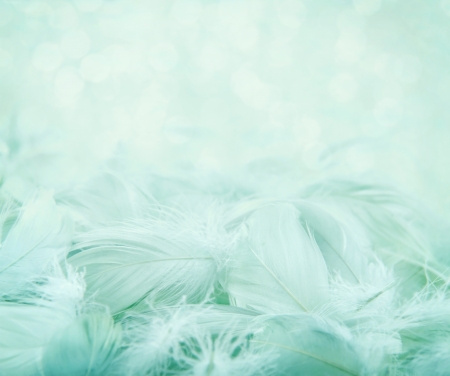 Soft fluffy feathers on turquoise blue blurry background and bokeh, day dreaming conceptの写真素材