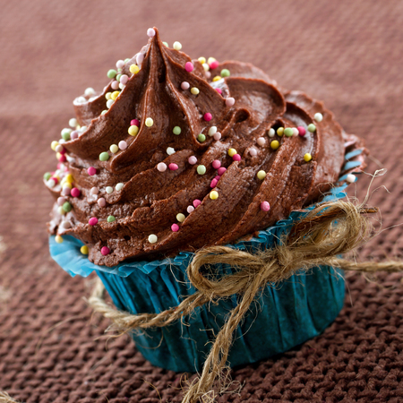 Chocolate cupcake with colorful sprinkles on dark backgroundの写真素材