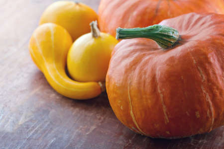 Orange and yellow halloween pumpkins on red wooden rustic background