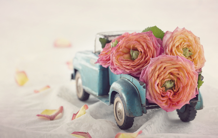 Old antique toy truck carrying a roses on romantic lace backgroundの写真素材