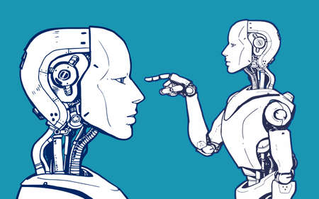 AI. Artificial Intelligence, futuristic robot hand-drawn sketch style vector