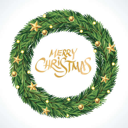 Fir wreath with Merry Christmas and Happy New Year, Vectorのイラスト素材