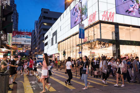 Hong Kong, China -29 August 2019: Street view in Mongkok district. Mongkok is one of the major shopping areas in Hong Kong.のeditorial素材