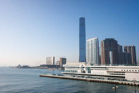 Hong Kong - 13 December 2019: International Commerce Center, the tallest building in Hong Kong. Modern building.のeditorial素材