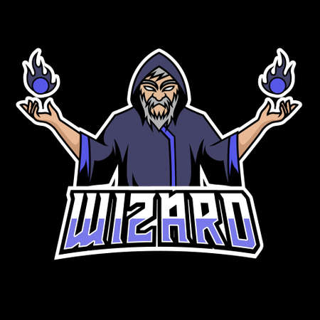 Angry Wizard sport esport logo template black uniform in blue glowのイラスト素材