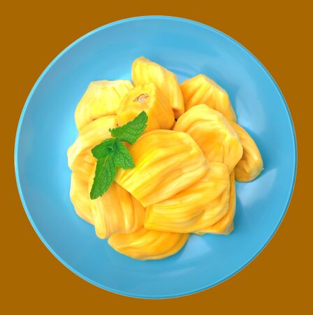 Tropical fruit jackfruit on red plate on blueの写真素材