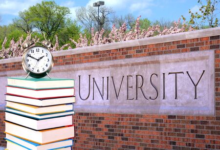 education concept: a lot of books in front of universityの写真素材