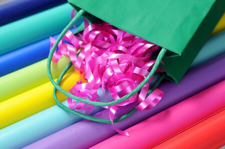 bow and gift wrap paper for holiday decorationの写真素材