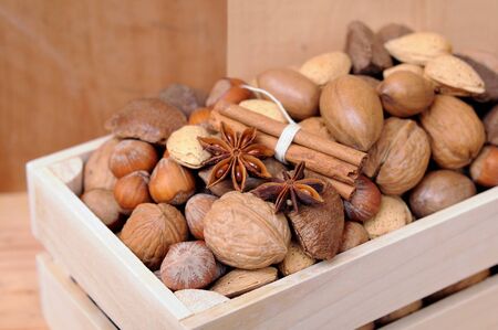 nuts in shells: hazelnut, almond, Brazil nut, walnut, and pecanの写真素材