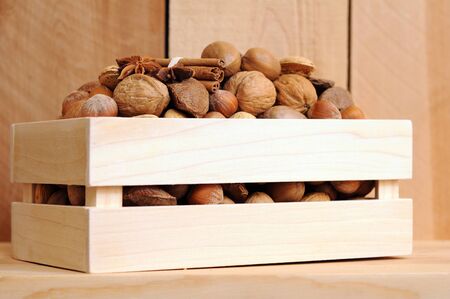 many kind of nut in crateの写真素材