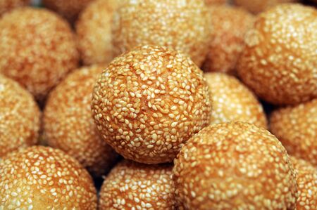 closeup of sesame seed cake for background uses (banh cam)の写真素材