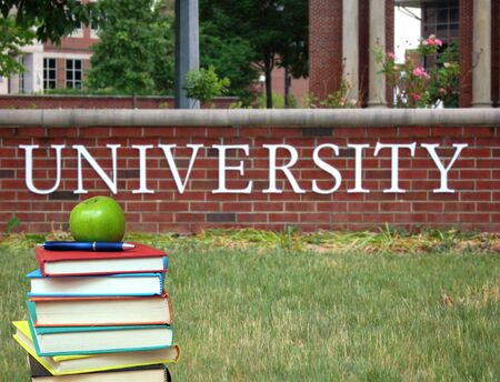 education concept: stack of book in the front of university