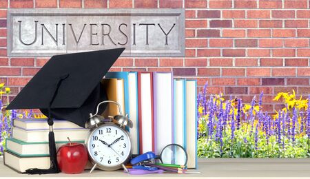 Education concept with book in the front of universityの写真素材