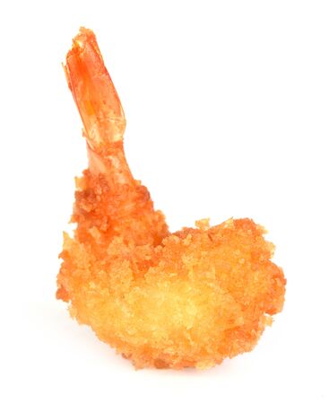 single deep fried breaded shrimp on white backgroundの写真素材