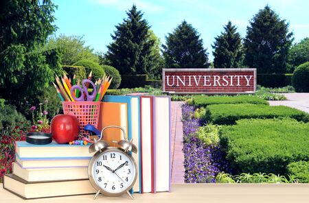 Books and accessory in the front of university for education concept