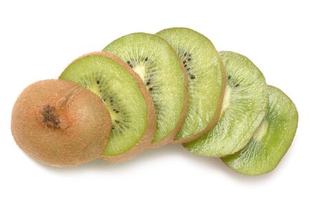 a group sliced kiwi on white backgroundの写真素材