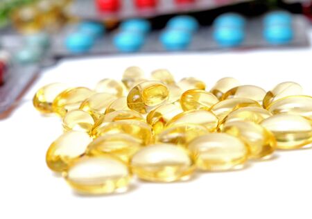 many kinds of medicine on white background