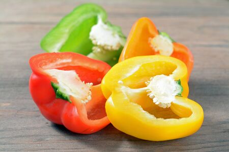 colorful chopped sweet pepper display at market place 