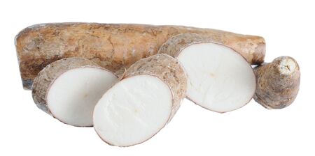 chopped and whole manioc (cassava) isolated on white backgroundの写真素材