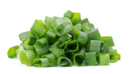 sliced fresh onion leaf on white の写真素材