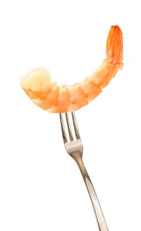 an unshelled boiled shrimp in fork isolated on whiteの写真素材
