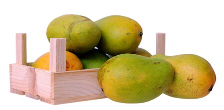 mangoes with crate at market place isolate on whiteの写真素材