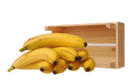 ripe bananas and crate isolated on white backgroundの写真素材