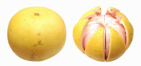 two views of pomelo isolated on whiteの写真素材