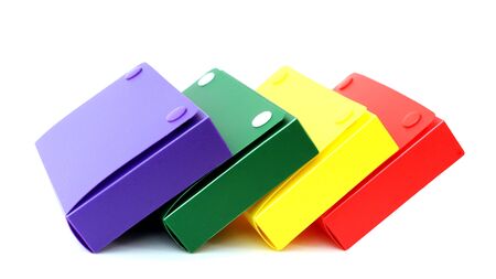 some colorful school boxes on white backgroundの写真素材