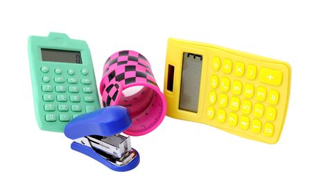 colorful office stationary accessories on white background