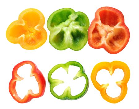 slices of colorful bell pepper on white backgroundの写真素材