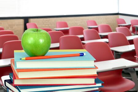 education concept with modern classroom and booksの写真素材