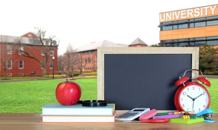 a composition with university campus and book for education conceptの写真素材