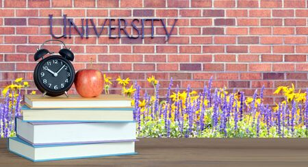 education concept with book and accessory in the front of university