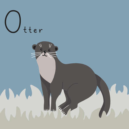 A cute fluffy otter sits on the grass. Letter O from the alphabet. Cute baby animal illustration.のイラスト素材