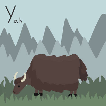 Cute fluffy yak on a background of mountains. Letter Y from the alphabet. Cute baby animal illustration.のイラスト素材