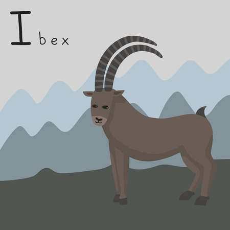 Cute fluffy ibex on a background of mountains. Letter I from the alphabet. Cute baby animal illustration.のイラスト素材