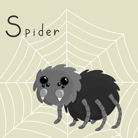Cute fluffy spider on a background of cobwebs. Letter S from the alphabet. Cute baby animal illustration.のイラスト素材