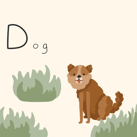 Cute fluffy dog in the backyard in the grass. Letter D from the alphabet. Cute baby animal illustration.のイラスト素材