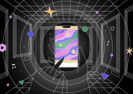 An application for a smartphone with augmented reality, which allows you to consider paintings in an art gallery in real time. Hands holding smartphone vertically. Modern template for web and print. Augmented reality concept.のイラスト素材