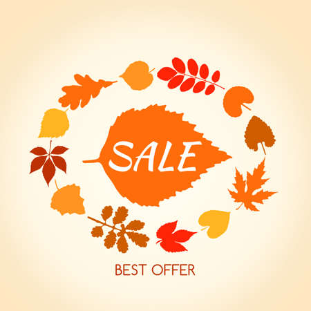 Autumn sales . Poster with colorful Leaves. Illustration of seasonal Sale Design.のイラスト素材